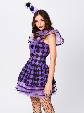 Playing Card Print Purple Square Collar Sleeveless Short Dress Halloween Circus Clown Witch Stage Performance Costume Female