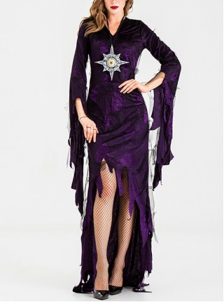 Elegant Purple Long Sleeve Slim Irregular Back Hem Dress Set Halloween Demon Earl Witch Stage Performance Costume Female