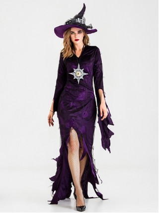 Elegant Purple Long Sleeve Slim Irregular Back Hem Dress Set Halloween Demon Earl Witch Stage Performance Costume Female