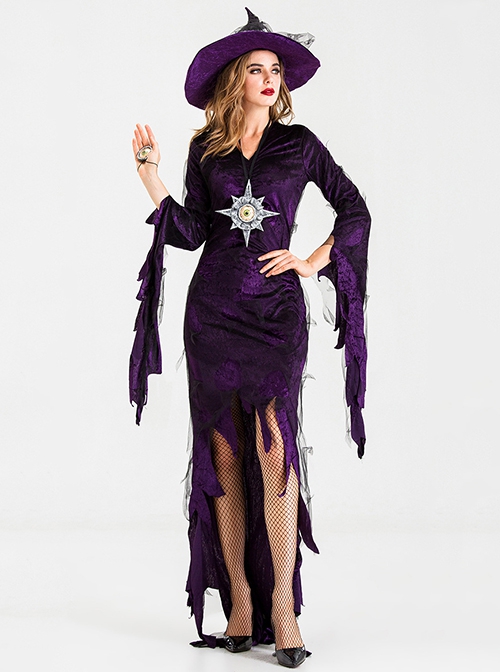 Elegant Purple Long Sleeve Slim Irregular Back Hem Dress Set Halloween Demon Earl Witch Stage Performance Costume Female