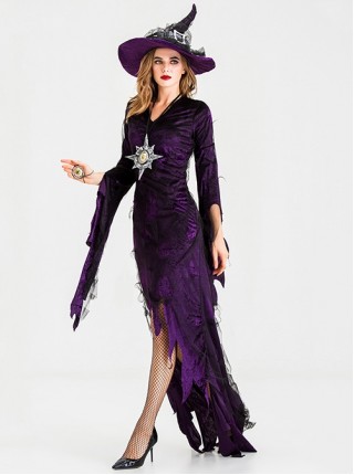 Elegant Purple Long Sleeve Slim Irregular Back Hem Dress Set Halloween Demon Earl Witch Stage Performance Costume Female