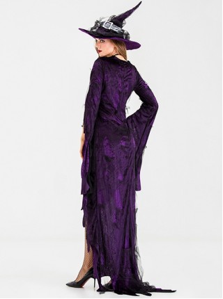 Elegant Purple Long Sleeve Slim Irregular Back Hem Dress Set Halloween Demon Earl Witch Stage Performance Costume Female