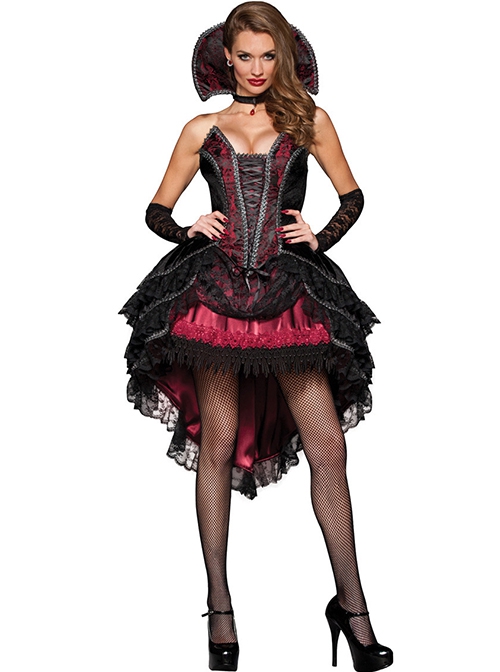 Black Lace Hem Sexy Tube Top Short Dress Set Halloween Demon Witch Vampire Party Performance Costume Female