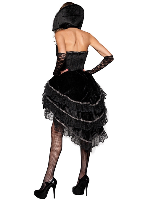 Black Lace Hem Sexy Tube Top Short Dress Set Halloween Demon Witch Vampire Party Performance Costume Female