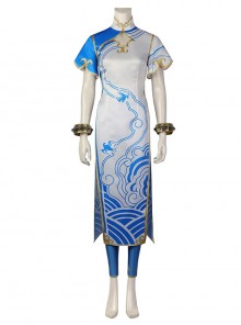 Street Fighter 6 Chun Li Halloween Cosplay Costume Blue And White Gradient Cheongsam Dress Set