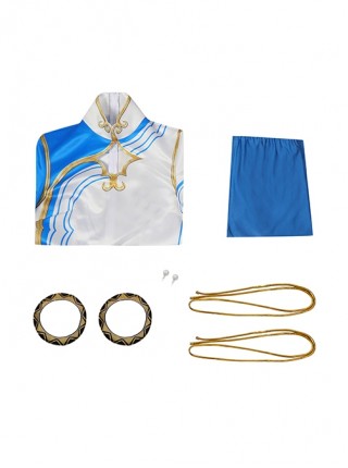 Street Fighter 6 Chun Li Halloween Cosplay Costume Blue And White Gradient Cheongsam Dress Set