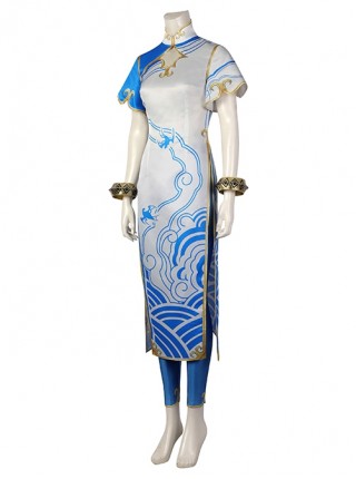 Street Fighter 6 Chun Li Halloween Cosplay Costume Blue And White Gradient Cheongsam Dress Set