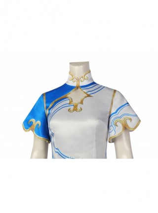 Street Fighter 6 Chun Li Halloween Cosplay Costume Blue And White Gradient Cheongsam Dress Set