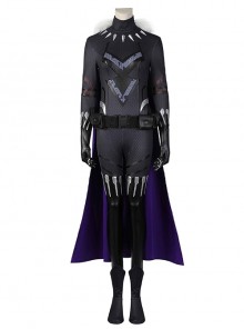 Black Panther Shuri Halloween Cosplay Costume White Fur Collar Black Slim Bodysuit Purple Cape Set