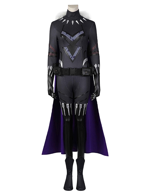 Black Panther Shuri Halloween Cosplay Costume White Fur Collar Black Slim Bodysuit Purple Cape Set