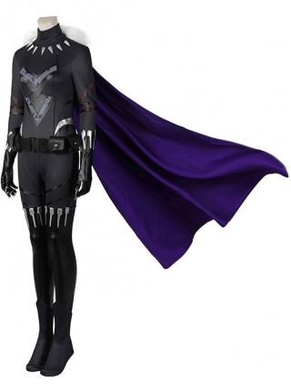 Black Panther Shuri Halloween Cosplay Costume White Fur Collar Black Slim Bodysuit Purple Cape Set