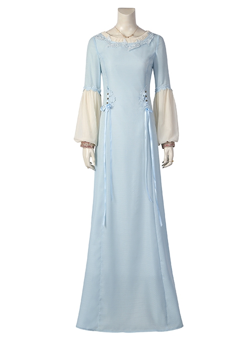 House Of The Dragon Young Alicent Hightower Halloween Cosplay Costume Light Blue Slim Panel Beige Long Sleeve Ribbon Dress Set