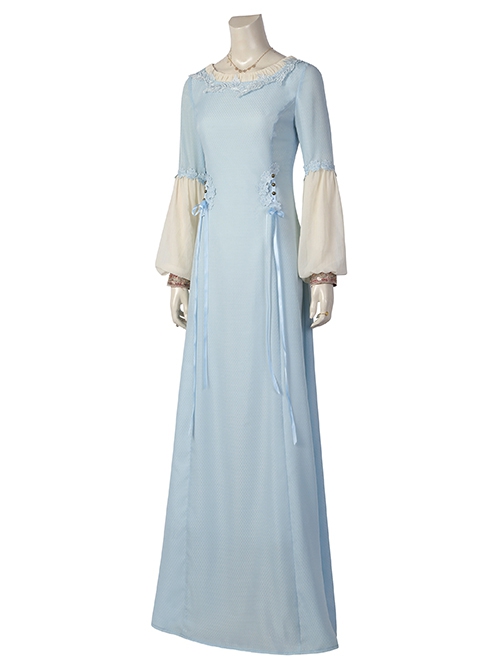 House Of The Dragon Young Alicent Hightower Halloween Cosplay Costume Light Blue Slim Panel Beige Long Sleeve Ribbon Dress Set