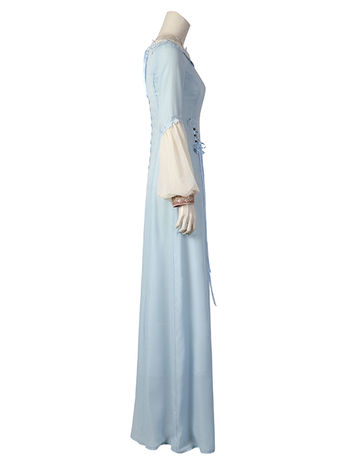 House Of The Dragon Young Alicent Hightower Halloween Cosplay Costume Light Blue Slim Panel Beige Long Sleeve Ribbon Dress Set