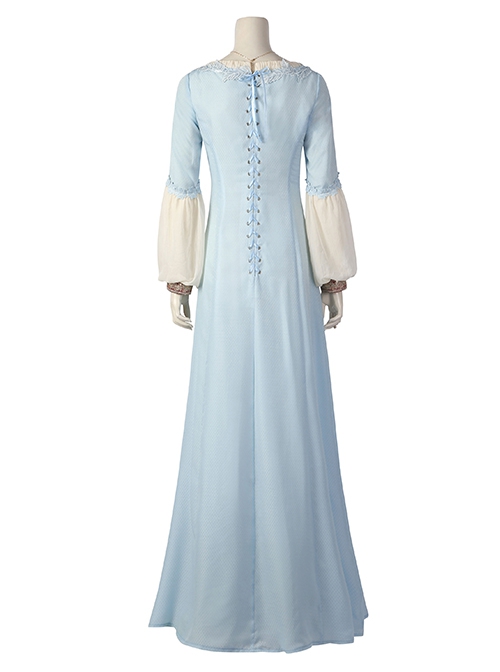 House Of The Dragon Young Alicent Hightower Halloween Cosplay Costume Light Blue Slim Panel Beige Long Sleeve Ribbon Dress Set