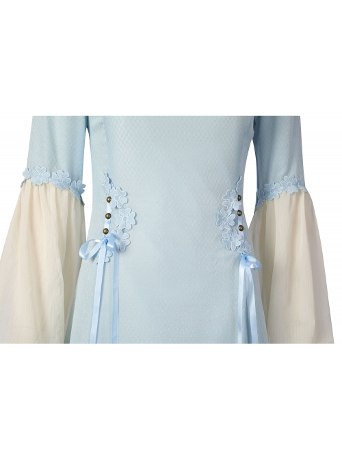 House Of The Dragon Young Alicent Hightower Halloween Cosplay Costume Light Blue Slim Panel Beige Long Sleeve Ribbon Dress Set