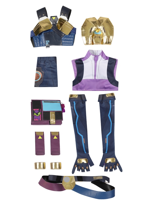 Valorant Neon Halloween Cosplay Costume Delicate Print Slim Purple Top Denim Blue Pants Half Finger Gloves Set