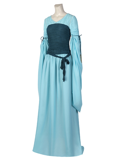 The Lord Of The Rings Galadriel Halloween Cosplay Costume Blue Long Sleeve Dress Set