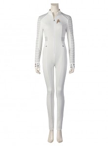 Star Trek Nyota Uhura Halloween Cosplay Costume White Micro Stretch Slim Bodysuit Exquisite Badge Set