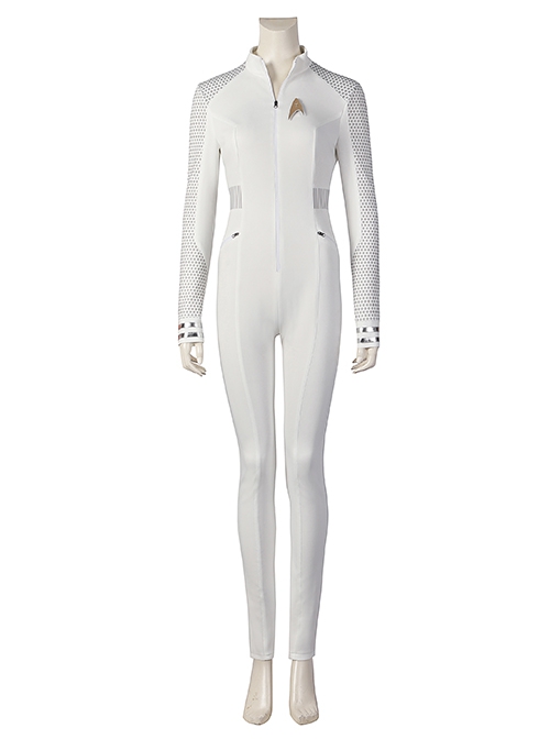 Star Trek Nyota Uhura Halloween Cosplay Costume White Micro Stretch Slim Bodysuit Exquisite Badge Set