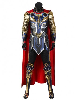 Thor Halloween Cosplay Costume Thor Blue Gold Patchwork Top Black Pants Red Cape Set