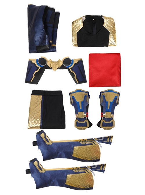 Thor Halloween Cosplay Costume Thor Blue Gold Patchwork Top Black Pants Red Cape Set