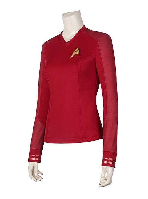 Star Trek Erica Ortegas Halloween Cosplay Costume Red V Neck Slim Top Delicate Badge Set Two Piece