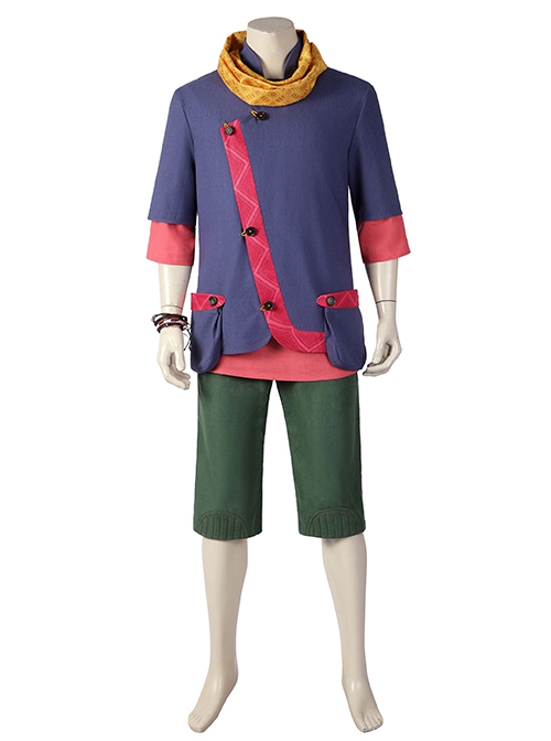 Strange World Ethan Clade Halloween Cosplay Costume Blue Pink Overcoat Green Pants Yellow Delicate Print Scarf Set Does Not Include Shoes
