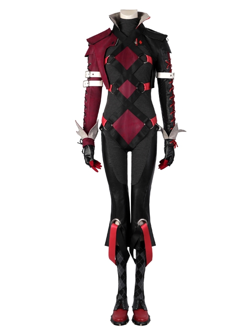 Gotham Knights Harley Quinn Boss Halloween Cosplay Costume Black And Red Coat Set Without Shoes