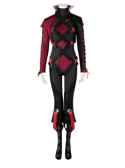 Gotham Knights Harley Quinn Boss Halloween Cosplay Costume Black And Red Coat Set Without Shoes