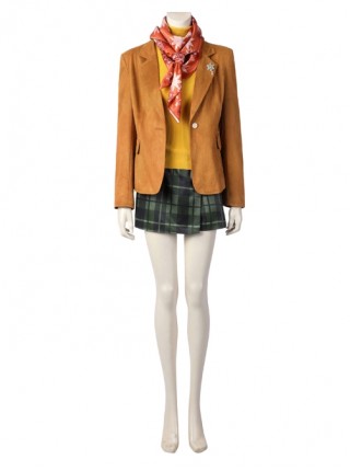 Resident Evil 4 Remake Ashley Graham Halloween Cosplay Costume Orange Coat And Green Plaid Skirt Set Without Shoes