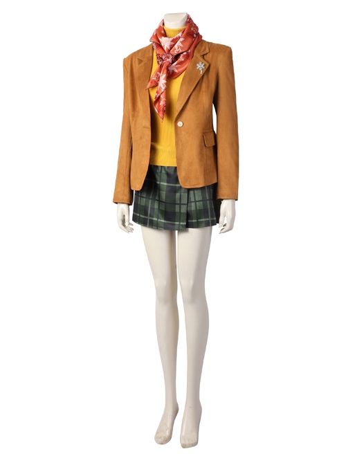 Resident Evil 4 Remake Ashley Graham Halloween Cosplay Costume Orange Coat And Green Plaid Skirt Set Without Shoes