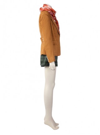 Resident Evil 4 Remake Ashley Graham Halloween Cosplay Costume Orange Coat And Green Plaid Skirt Set Without Shoes