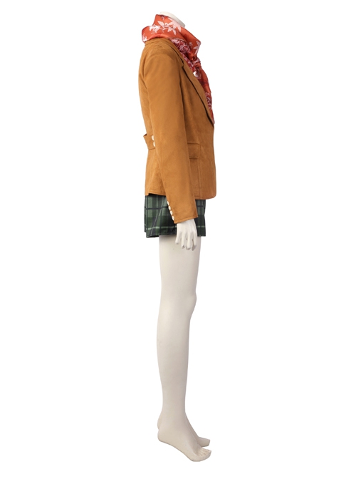 Resident Evil 4 Remake Ashley Graham Halloween Cosplay Costume Orange Coat And Green Plaid Skirt Set Without Shoes