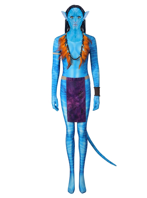 Avatar The Way Of Water Neytiri Halloween Cosplay Costume Blue Printed Jumpsuit Set Without Headcover