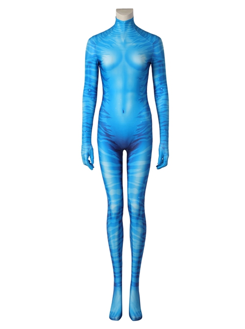 Avatar The Way Of Water Neytiri Halloween Cosplay Costume Blue Printed Jumpsuit Set Without Headcover