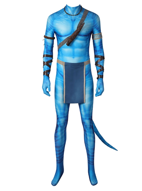 Avatar The Way Of Water Jake Sully Halloween Cosplay Costume Blue Printed Jumpsuit Set Without Headcover