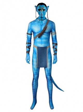 Avatar The Way Of Water Jake Sully Halloween Cosplay Costume Blue Printed Jumpsuit Set Without Headcover