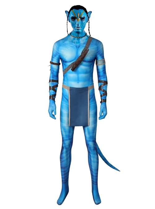 Avatar The Way Of Water Jake Sully Halloween Cosplay Costume Blue Printed Jumpsuit Set Without Headcover