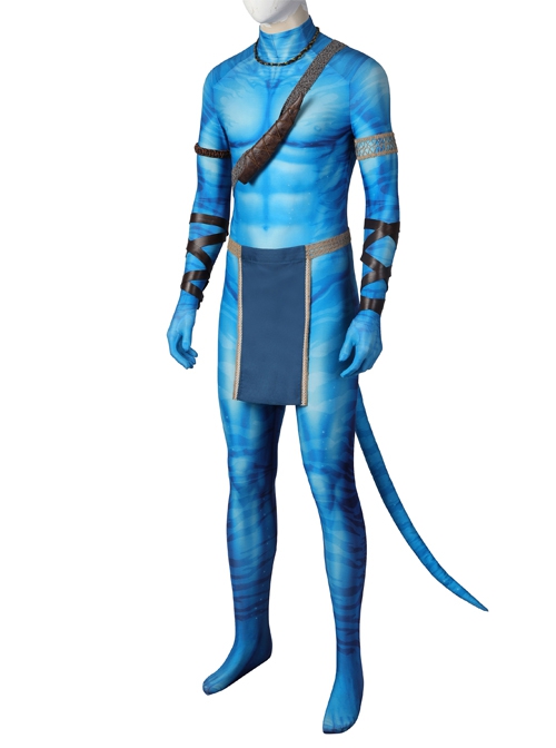 Avatar The Way Of Water Jake Sully Halloween Cosplay Costume Blue Printed Jumpsuit Set Without Headcover