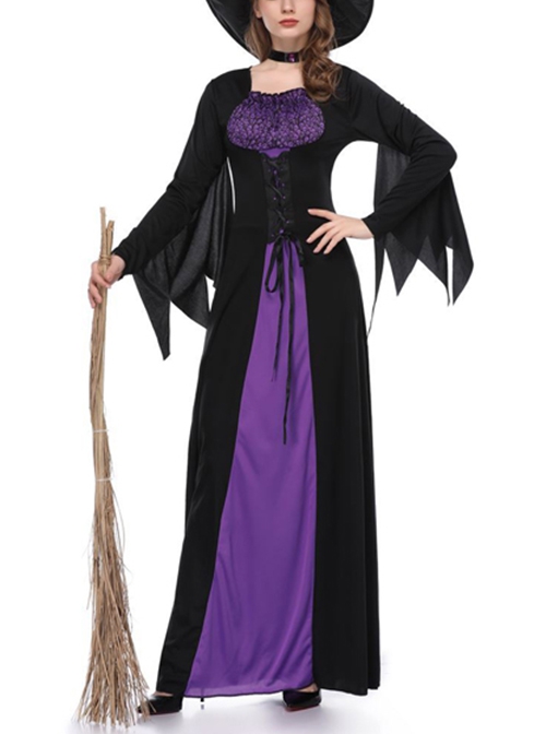 Mysterious Elegance Black-purple Witch Dress Slim Fit Set Halloween Costume Female