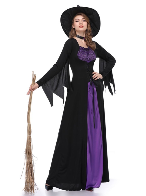Mysterious Elegance Black-purple Witch Dress Slim Fit Set Halloween Costume Female