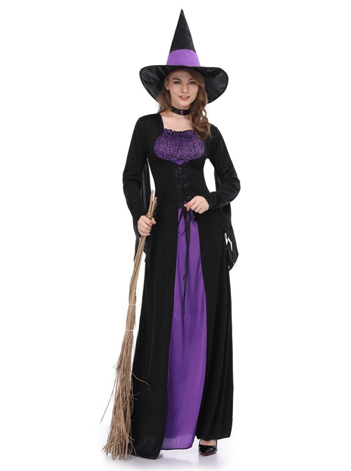 Mysterious Elegance Black-purple Witch Dress Slim Fit Set Halloween Costume Female