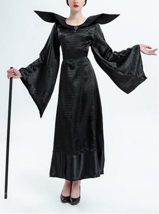 Maleficent Black Round Collar Long Sleeve Dress Set Halloween Witch Demon Costume Female
