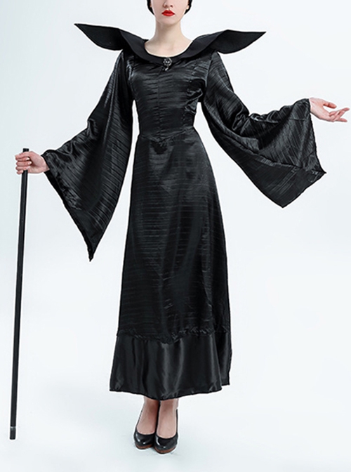 Maleficent Black Round Collar Long Sleeve Dress Set Halloween Witch Demon Costume Female