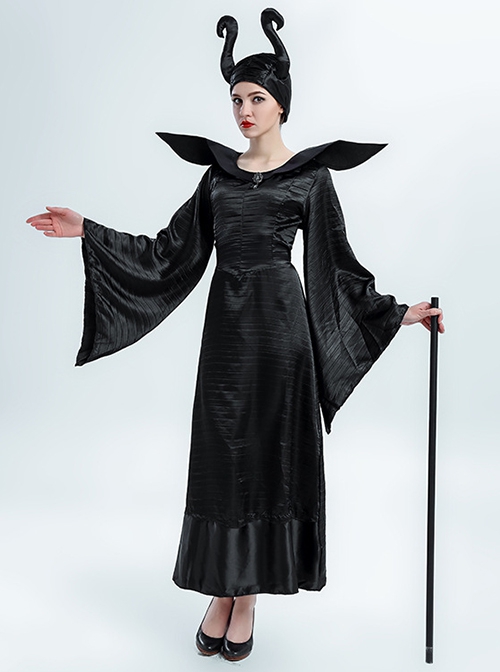 Maleficent Black Round Collar Long Sleeve Dress Set Halloween Witch Demon Costume Female