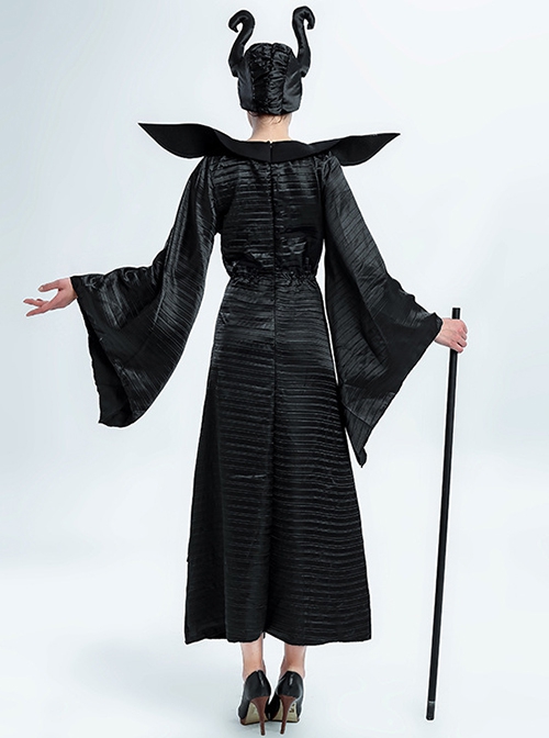 Maleficent Black Round Collar Long Sleeve Dress Set Halloween Witch Demon Costume Female