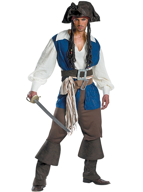 Long Sleeve White Top Blue Vest Pirate Warrior Suit Halloween Couple Costume Male