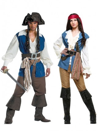 Long Sleeve White Top Blue Vest Pirate Warrior Suit Halloween Couple Costume Male