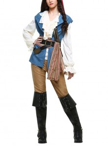 Long Sleeve White Top Blue Vest Pirate Warrior Suit Halloween Couple Costume Female